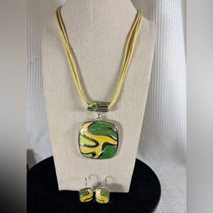 Abstract Green and Yellow Pendant Necklace and Earrings